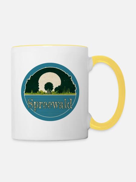 Spreewald Logo Blau / Grün mit Schriftzug - Tasse zweifarbig - Weiß/Gelb