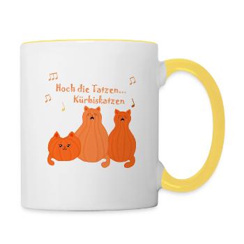 Hoch die Tatzen...Kürbiskatzen - Tasse zweifarbig - Weiß/Gelb - Rechts