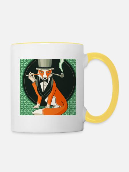 Fuchs mit Zylinder - Tasse zweifarbig - Weiß/Gelb