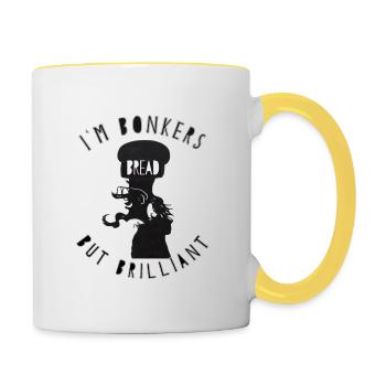 "Ich bin verrückt, aber brillant". Mann mit Brothut - Tasse zweifarbig - Weiß/Gelb - Rechts