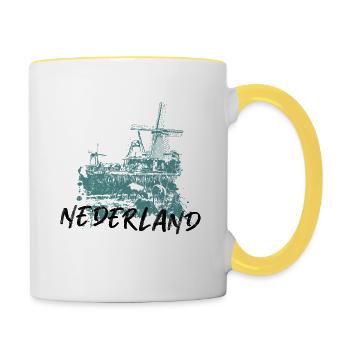 Illustration moulins à vent aux Pays-Bas bleu - Mug contrasté - blanc/jaune - Droite