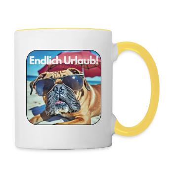 "Endlich Urlaub!" Boxer - Tasse zweifarbig - Weiß/Gelb - Rechts