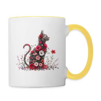 A majestic cat with floral accents - Contrasting Mug - white/yellow - Right