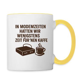 In Modemzeiten hatten wir Zeit für Kaffee - Tasse zweifarbig - Weiß/Gelb - Rechts