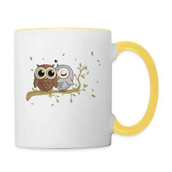 Hiboux de bande dessinée amoureux - Mug contrasté - blanc/jaune - Droite