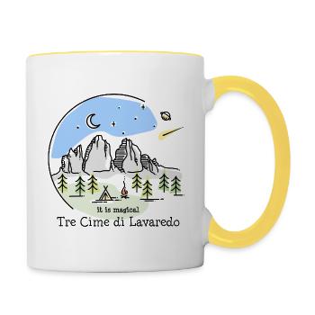 Drei Zinnen Dolomiten E5 Südtirol Line Art - Tasse zweifarbig - Weiß/Gelb - Rechts