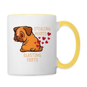 Stealing hearts blasting farts - Mops Furzen - Tasse zweifarbig - Weiß/Gelb - Rechts