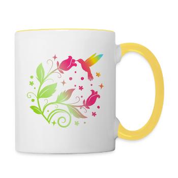 Fleurs - Couleurs - Colibri - Nature - Femmes - Mug contrasté - blanc/jaune - Droite
