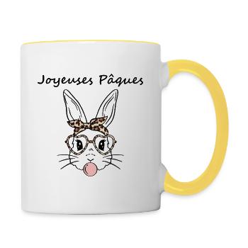 Joyeuses paques avec un petit lapin - Mug contrasté - blanc/jaune - Droite