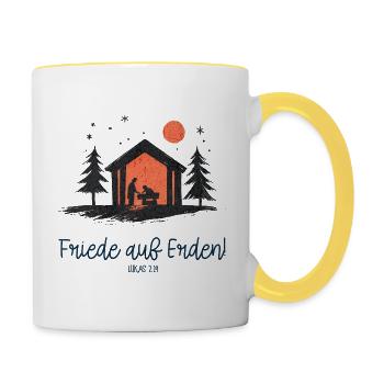 Friede auf Erden Weihnachten an der Krippe Jesus - Tasse zweifarbig - Weiß/Gelb - Rechts