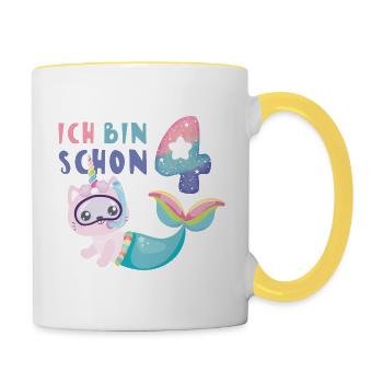 Einhorn Katze Meerjungfrau Ich bin schon 4 Mädchen - Tasse zweifarbig - Weiß/Gelb - Rechts