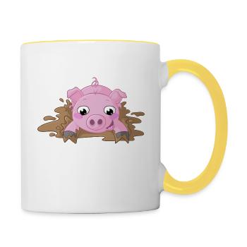 Éclaboussures, dessin animé, cochon - Mug contrasté - blanc/jaune - Droite