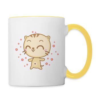 Cute anime cat with flowers raining from the sky - Contrasting Mug - white/yellow - Right