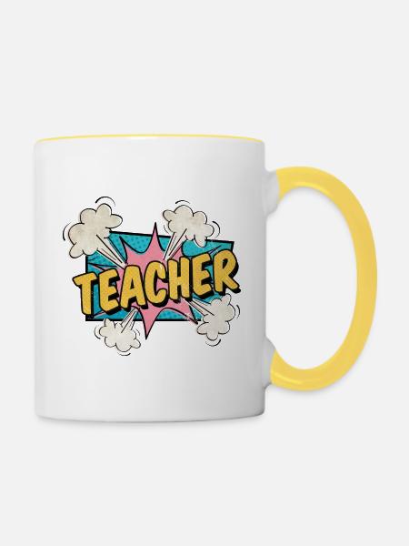 Lehrer Comic Superhelden Schrift - Tasse zweifarbig - Weiß/Gelb