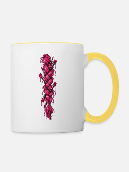 Pinker Zopf mit Pinsel - Tasse zweifarbig - Weiß/Gelb