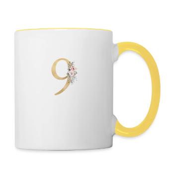 Numéro 9, floral, personnalisable - Mug contrasté - blanc/jaune - Droite