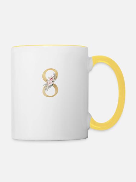 Zahl 84, floral, personalisierbar - Tasse zweifarbig - Weiß/Gelb