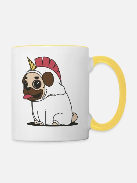 Knuffiger Einhorn Mops - Tasse zweifarbig - Weiß/Gelb