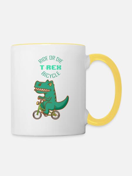 Strample oder sterbe - T-Rex Fahrrad - Tasse zweifarbig - Weiß/Gelb