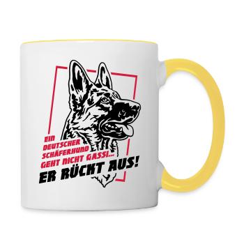 633 Ein Schäferhund geht nicht Gassi, er rückt aus - Tasse zweifarbig - Weiß/Gelb - Rechts