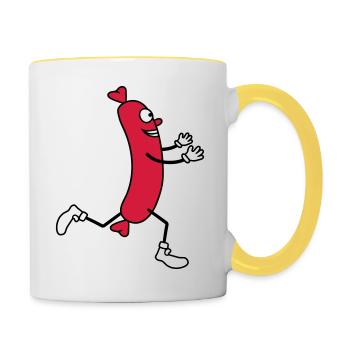 wuerstchen rennen gluecklich umarmen liebe laufen - Tasse zweifarbig - Weiß/Gelb - Rechts
