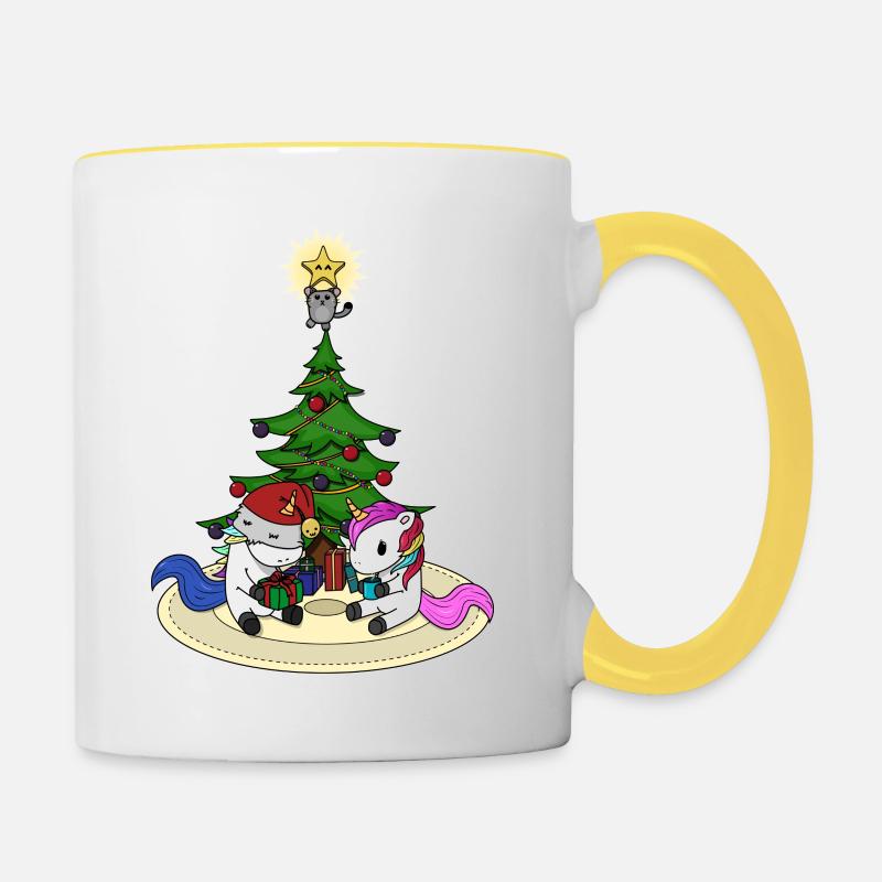 Illustration d'arbre de Noël de licornes - Mug contrasté - blanc/jaune