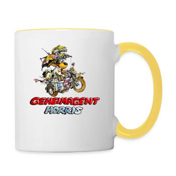 Geheimagent Morris mit Team und Motorrad - Tasse zweifarbig - Weiß/Gelb - Rechts