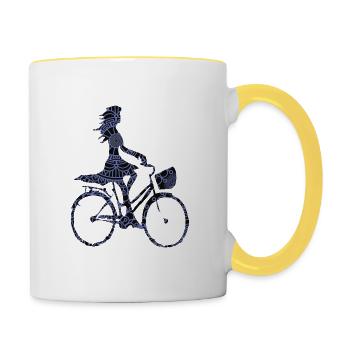 Frau mit Fahrrad 2 Bike - Tasse zweifarbig - Weiß/Gelb - Rechts