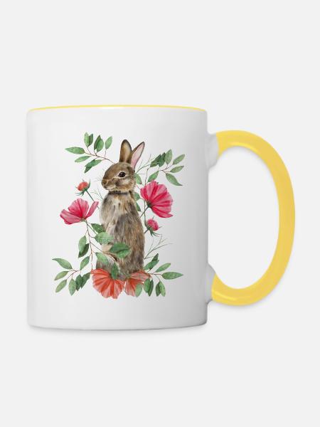 Kaninchen mit Blumen - Tasse zweifarbig - Weiß/Gelb
