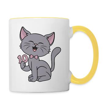 10 year old girl funny cat 10th birthday - Contrasting Mug - white/yellow - Right