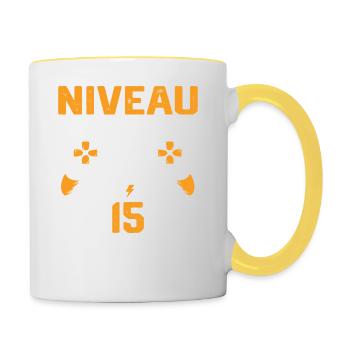 Niveau 15 débloqué / Anniversaire 15 ans gamer - Mug contrasté - blanc/jaune - Droite