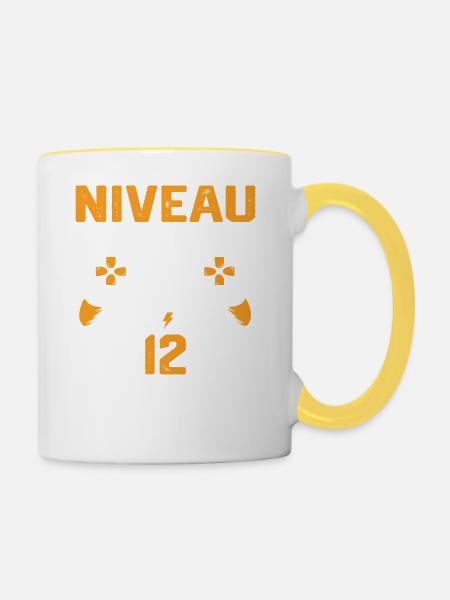 Niveau 12 débloqué / Anniversaire 12 ans gamer - Mug contrasté - blanc/jaune