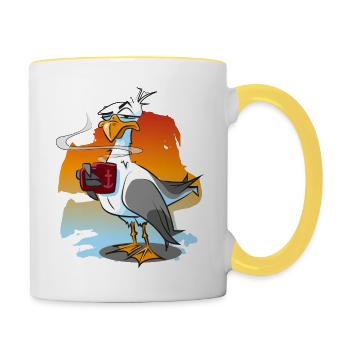 Funny seagull with coffee cup, moewe - Contrasting Mug - white/yellow - Right