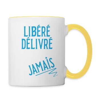 Libéré, délivré, retraité je ne travaillerai plus - Mug contrasté - blanc/jaune - Droite