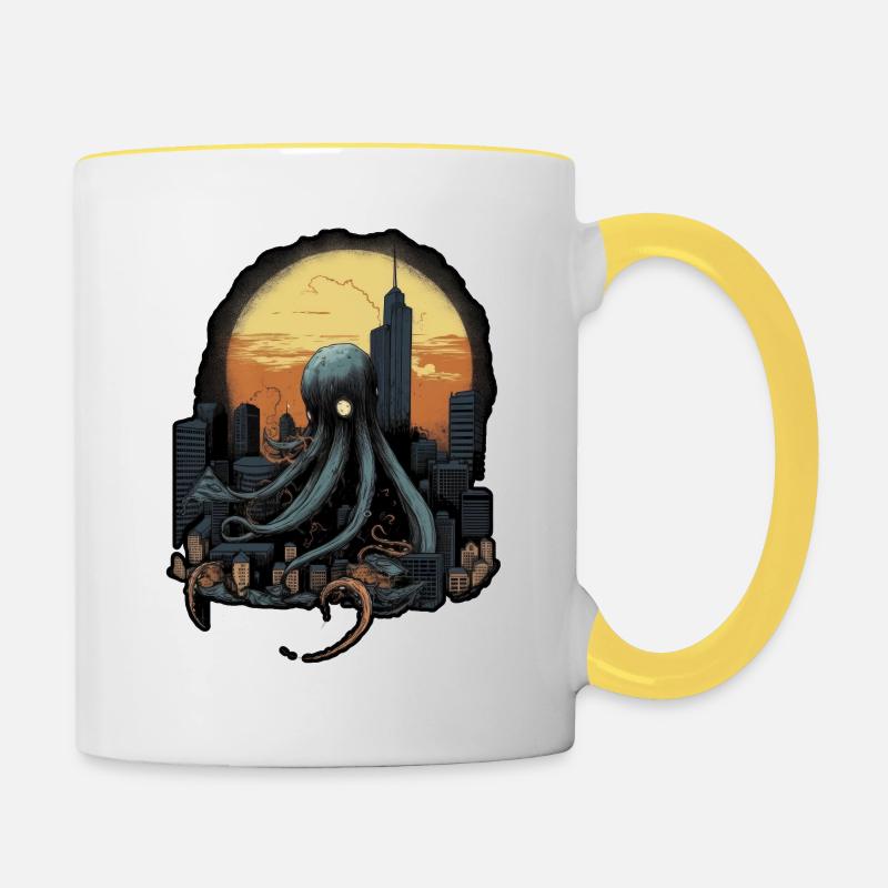 Giant Octopus Squid atacking the city on a sunset - Contrasting Mug - white/yellow