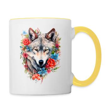 Wolf mit Blumen Mädchen - Tasse zweifarbig - Weiß/Gelb - Rechts