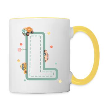 Buchstabe l Fahrzeug - personalisiertes Kindergeschenk - Tasse zweifarbig - Weiß/Gelb - Rechts