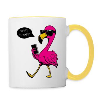 Famingo, sorry bin beschäftigt flamingo i'am bussy - Tasse zweifarbig - Weiß/Gelb - Rechts