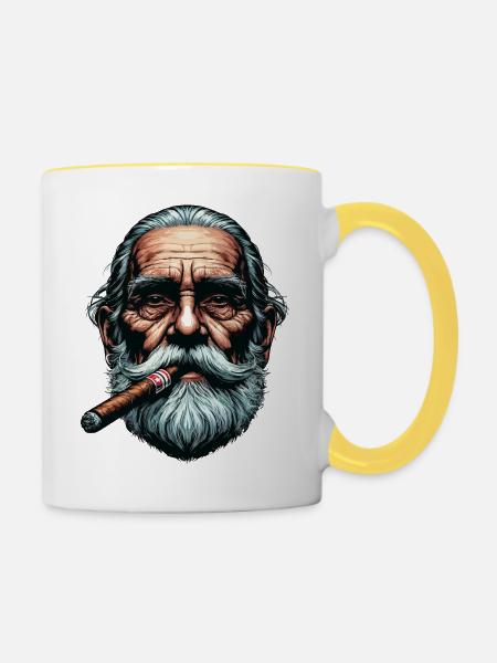 Alter Mann mit Zigarre - Tasse zweifarbig - Weiß/Gelb