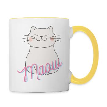 Un chaton heureux, souriant et miaulant - Mug contrasté - blanc/jaune - Droite