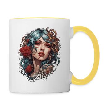 Femme / jolie / portrait / tatouage / modèle - Mug contrasté - blanc/jaune - Droite