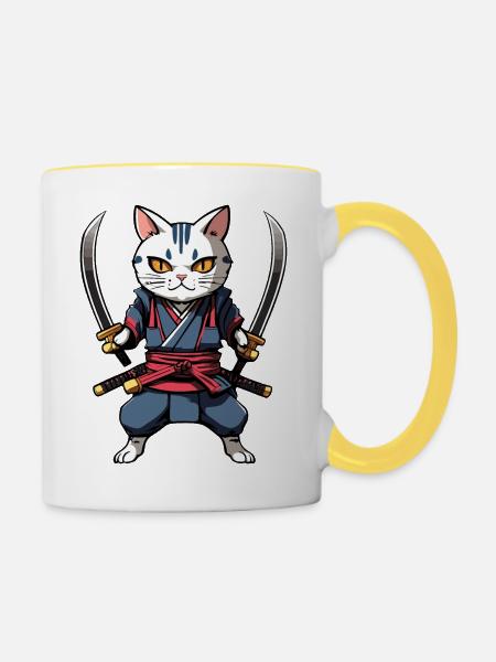 Samurai-Katze #33 - Tasse zweifarbig - Weiß/Gelb
