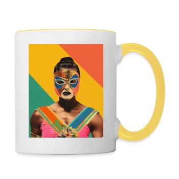 Frauen Mexikanisches Wrestling Kunst Vintage Papier Handwerk - Tasse zweifarbig - Weiß/Gelb - Rechts