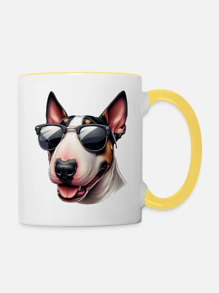 Bullterrier-Welpe mit Sonnenbrille - Tasse zweifarbig - Weiß/Gelb