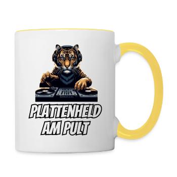 Plattenheld am Pult Tiger Musik - Tasse zweifarbig - Weiß/Gelb - Rechts