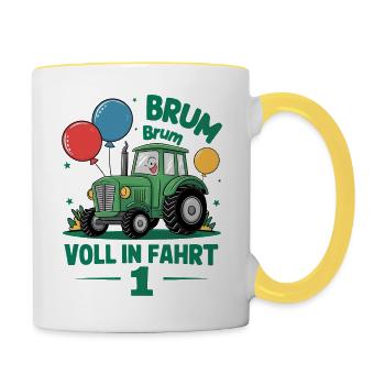 Cooler Traktor 1. Geburtstag: Bestseller Geschenk! - Tasse zweifarbig - Weiß/Gelb - Rechts