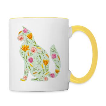 Florale Katze - Tasse zweifarbig - Weiß/Gelb - Rechts