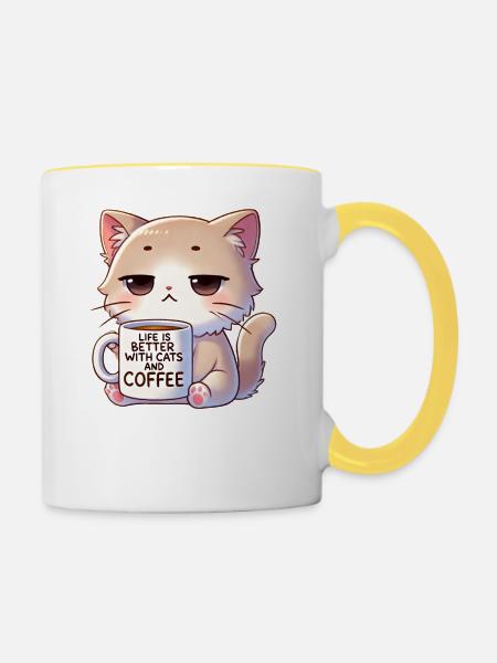 Katze Mit Kaffe - Tasse zweifarbig - Weiß/Gelb