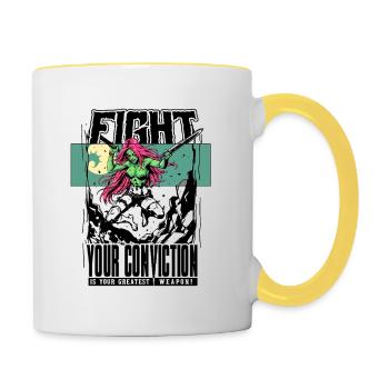 Fight Your Conviction – Warrior Girl Shirt - Tasse zweifarbig - Weiß/Gelb - Rechts