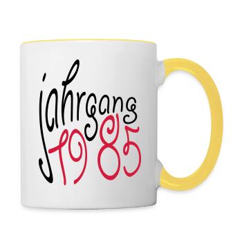 Jahrgang 1985 geboren - Tasse zweifarbig - Weiß/Gelb - Rechts